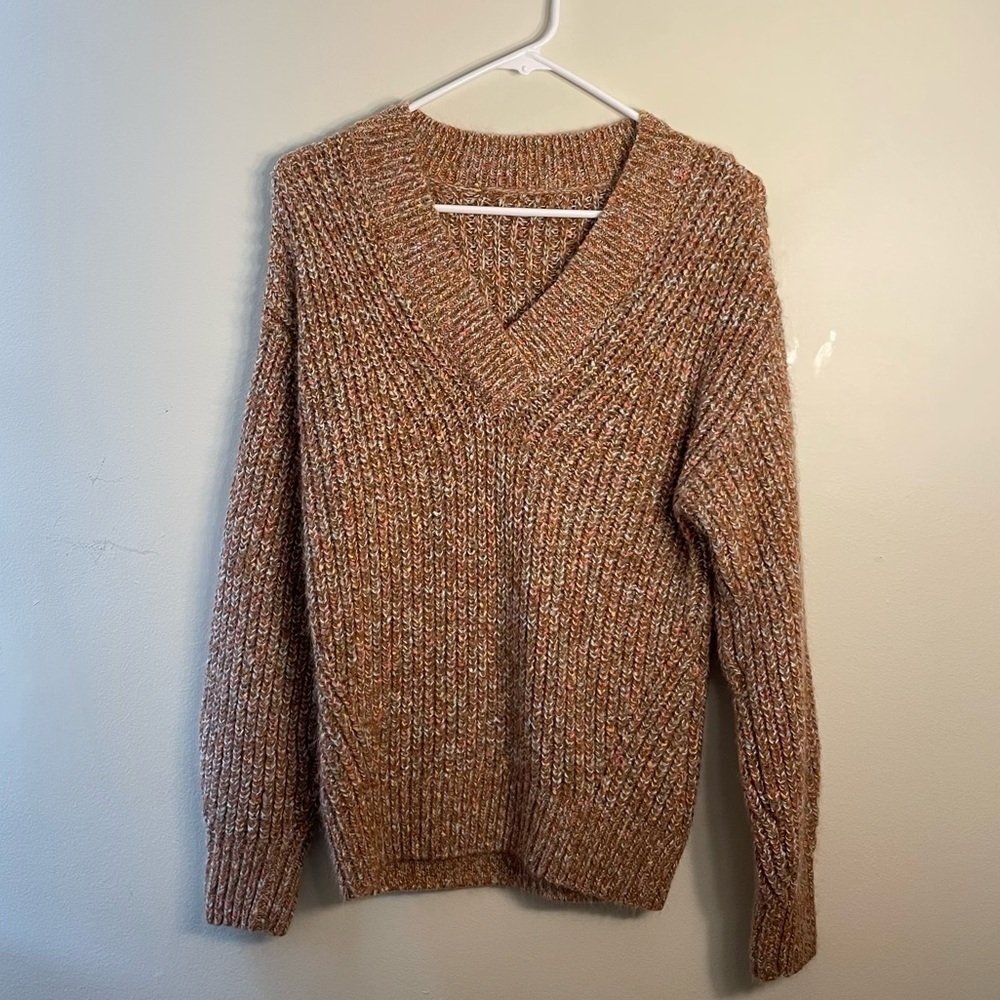 Caramel Brown Fall Colors V-Neck Long Sleeves Sweater Knit Medium Tall‎ Winter